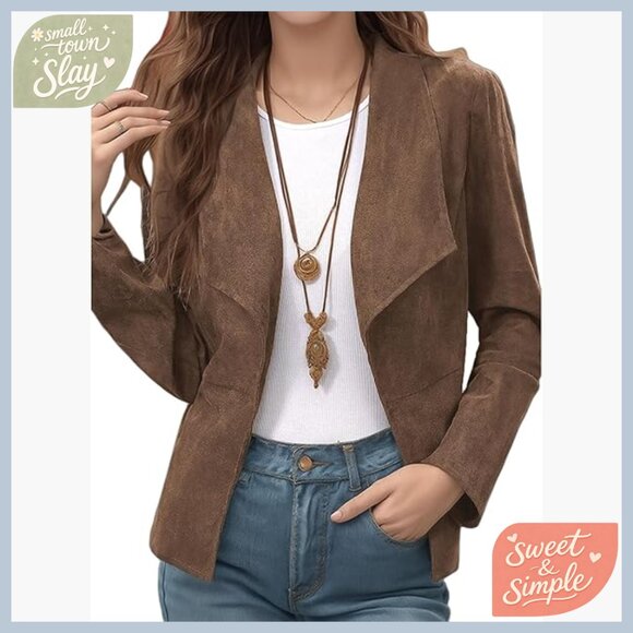 Faux Suede Blazer Lapel Collar Long Sleeve Jacket Women's Office Casual Wear